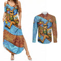 Personalised Australian Oztag Kangaroo Mascot Couples Matching Summer Maxi Dress and Long Sleeve Button Shirt Indigenous Dot Art Style Aboriginal Culture