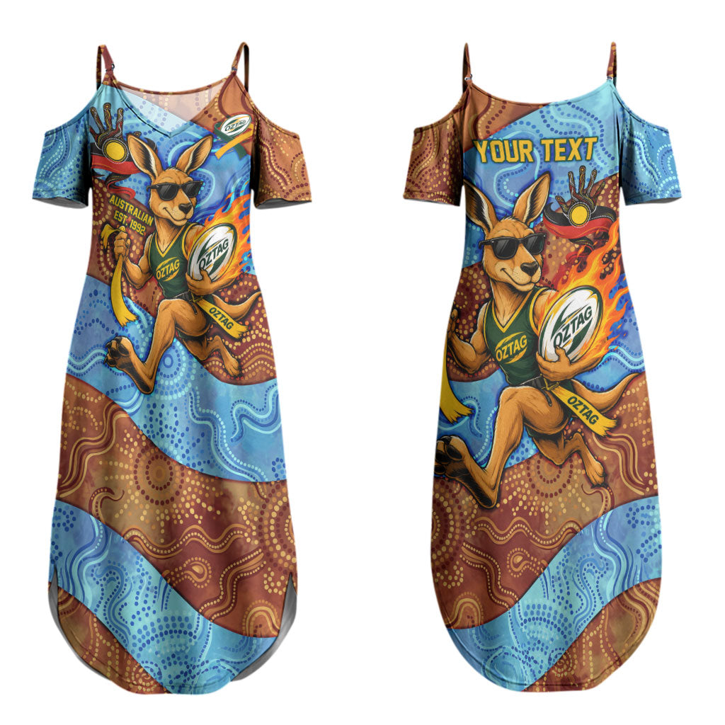 Personalised Australian Oztag Kangaroo Mascot Couples Matching Summer Maxi Dress and Long Sleeve Button Shirt Indigenous Dot Art Style Aboriginal Culture