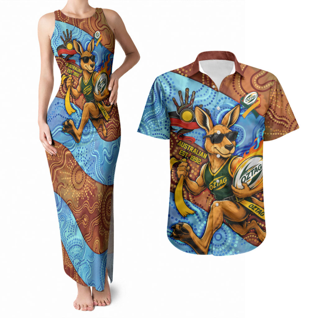 Personalised Australian Oztag Kangaroo Mascot Couples Matching Tank Maxi Dress and Hawaiian Shirt Indigenous Dot Art Style Aboriginal Culture