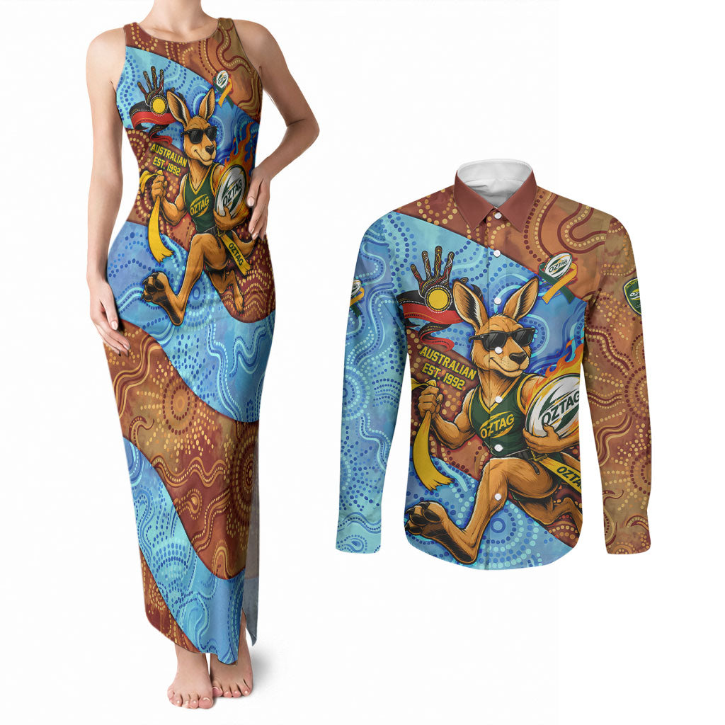 Personalised Australian Oztag Kangaroo Mascot Couples Matching Tank Maxi Dress and Long Sleeve Button Shirt Indigenous Dot Art Style Aboriginal Culture