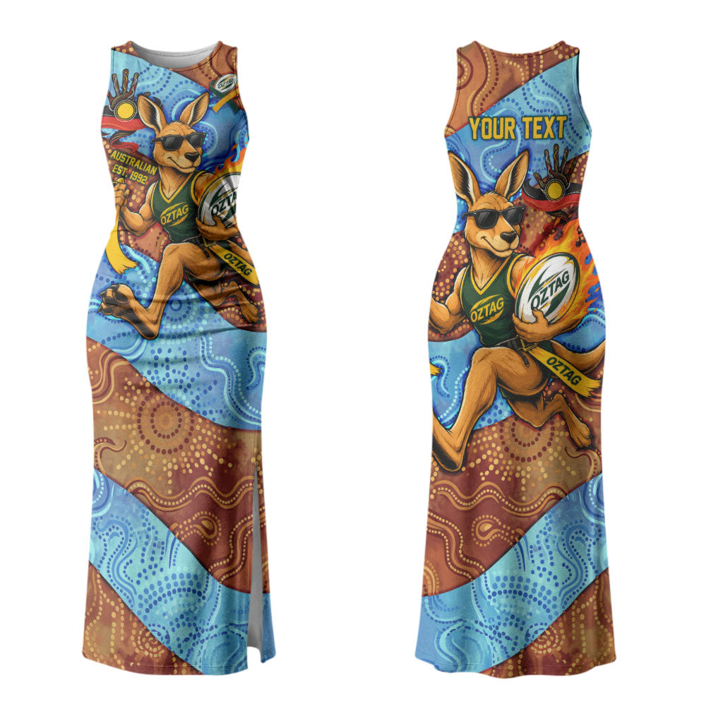 Personalised Australian Oztag Kangaroo Mascot Couples Matching Tank Maxi Dress and Long Sleeve Button Shirt Indigenous Dot Art Style Aboriginal Culture