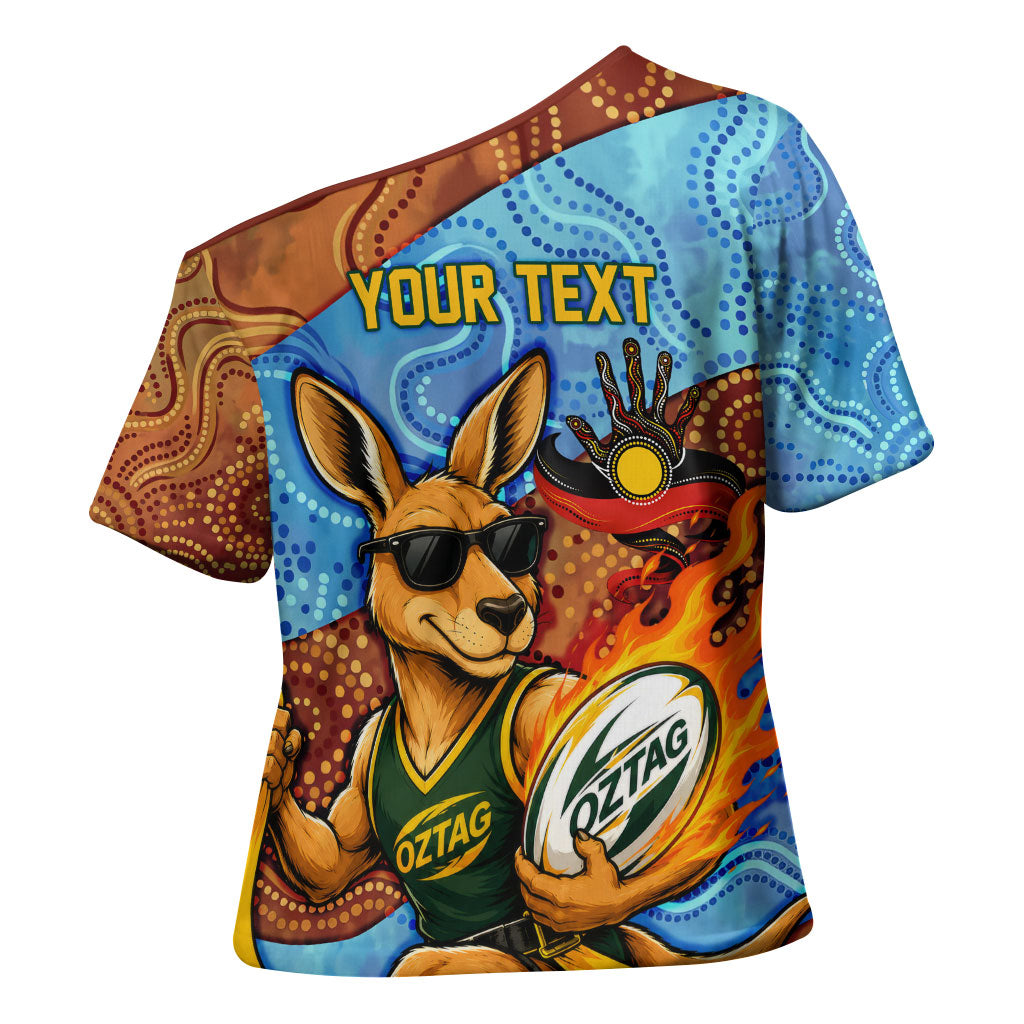 Personalised Australian Oztag Kangaroo Mascot Cross Shoulder Shirt Indigenous Dot Art Style Aboriginal Culture