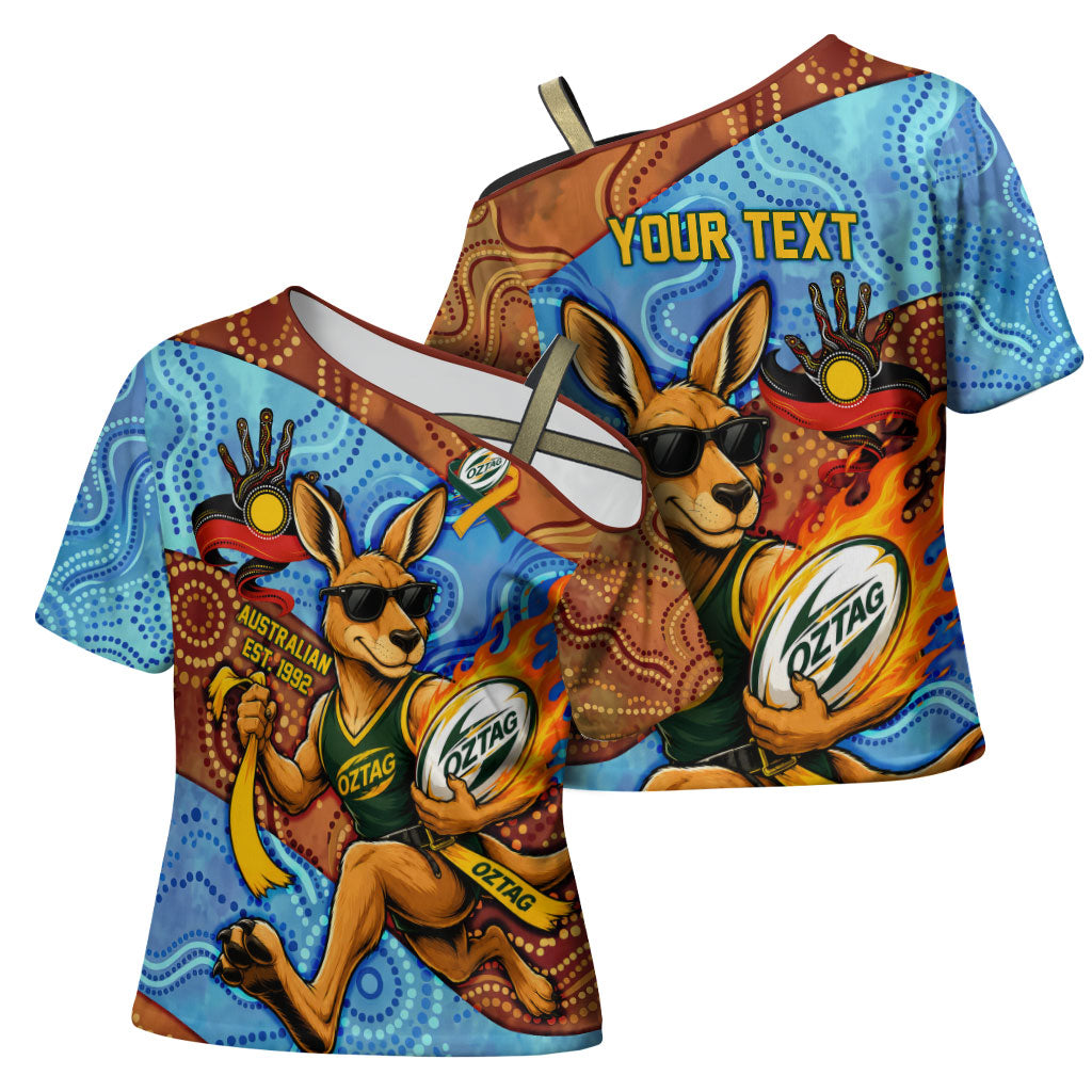 Personalised Australian Oztag Kangaroo Mascot Cross Shoulder Shirt Indigenous Dot Art Style Aboriginal Culture
