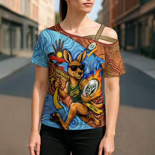 Personalised Australian Oztag Kangaroo Mascot Cross Shoulder Shirt Indigenous Dot Art Style Aboriginal Culture