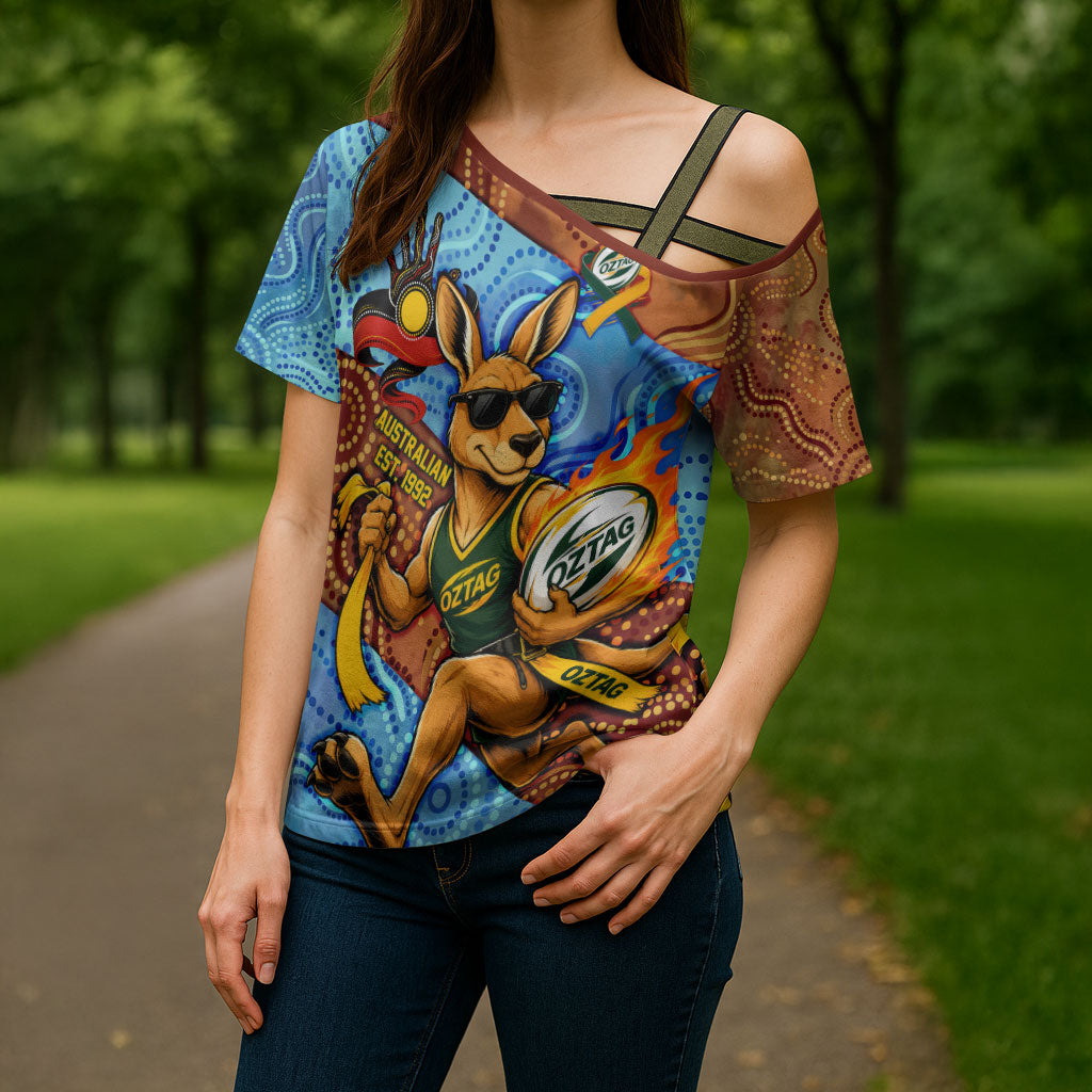 Personalised Australian Oztag Kangaroo Mascot Cross Shoulder Shirt Indigenous Dot Art Style Aboriginal Culture