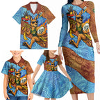Personalised Australian Oztag Kangaroo Mascot Family Matching Long Sleeve Bodycon Dress and Hawaiian Shirt Indigenous Dot Art Style Aboriginal Culture