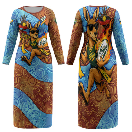 Personalised Australian Oztag Kangaroo Mascot Family Matching Long Sleeve Bodycon Dress and Hawaiian Shirt Indigenous Dot Art Style Aboriginal Culture