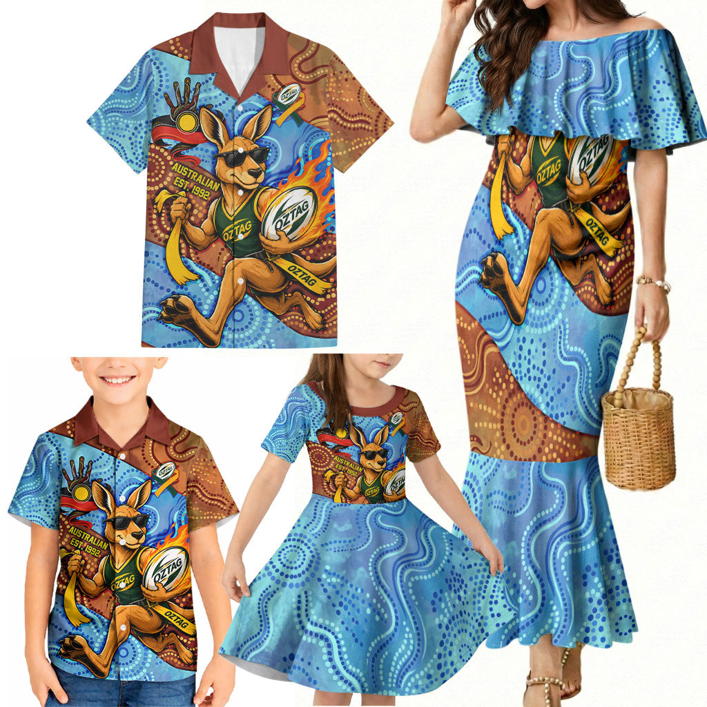 Personalised Australian Oztag Kangaroo Mascot Family Matching Mermaid Dress and Hawaiian Shirt Indigenous Dot Art Style Aboriginal Culture