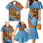 Personalised Australian Oztag Kangaroo Mascot Family Matching Mermaid Dress and Hawaiian Shirt Indigenous Dot Art Style Aboriginal Culture