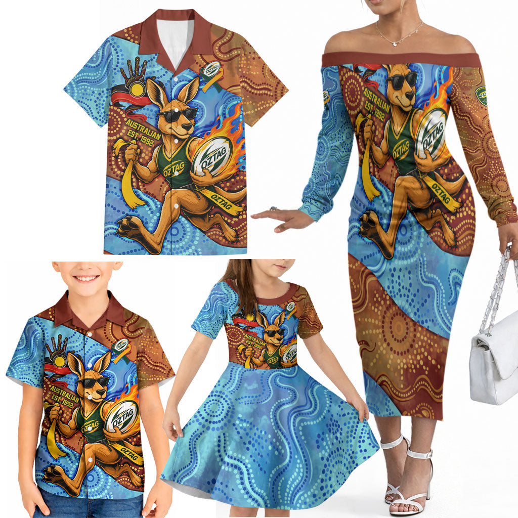 Personalised Australian Oztag Kangaroo Mascot Family Matching Off The Shoulder Long Sleeve Dress and Hawaiian Shirt Indigenous Dot Art Style Aboriginal Culture