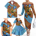 Personalised Australian Oztag Kangaroo Mascot Family Matching Off The Shoulder Long Sleeve Dress and Hawaiian Shirt Indigenous Dot Art Style Aboriginal Culture