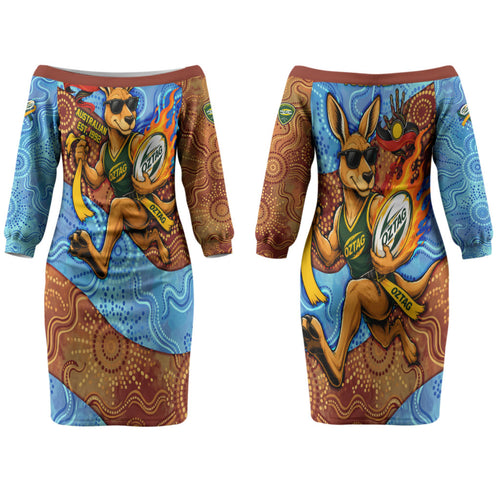 Personalised Australian Oztag Kangaroo Mascot Family Matching Off The Shoulder Long Sleeve Dress and Hawaiian Shirt Indigenous Dot Art Style Aboriginal Culture