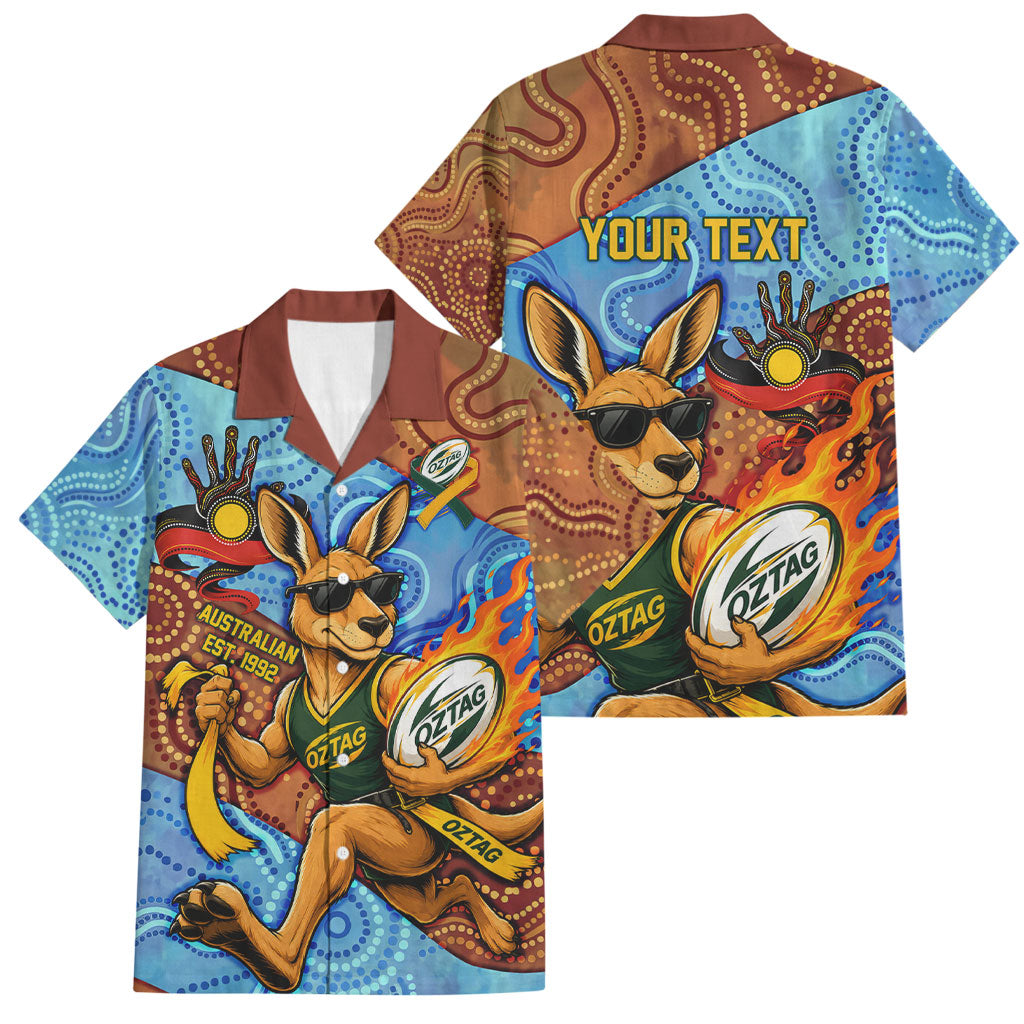 Personalised Australian Oztag Kangaroo Mascot Family Matching Off The Shoulder Long Sleeve Dress and Hawaiian Shirt Indigenous Dot Art Style Aboriginal Culture