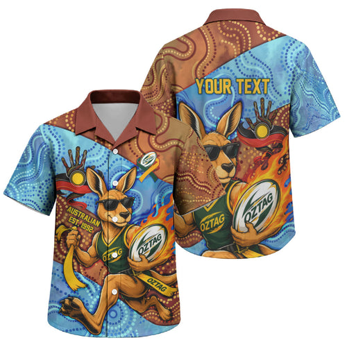 Personalised Australian Oztag Kangaroo Mascot Family Matching Off The Shoulder Long Sleeve Dress and Hawaiian Shirt Indigenous Dot Art Style Aboriginal Culture