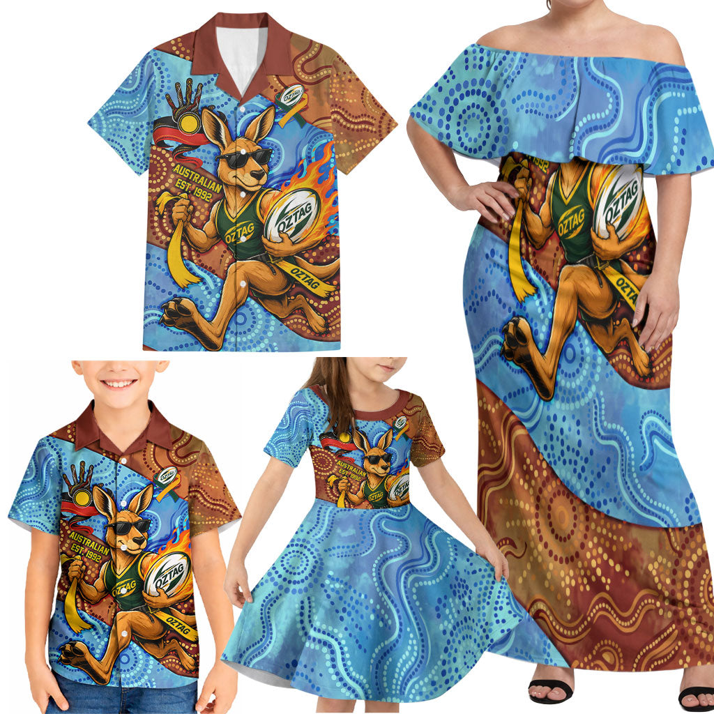 Personalised Australian Oztag Kangaroo Mascot Family Matching Off Shoulder Maxi Dress and Hawaiian Shirt Indigenous Dot Art Style Aboriginal Culture