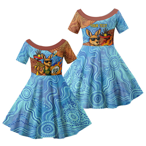 Personalised Australian Oztag Kangaroo Mascot Family Matching Off Shoulder Maxi Dress and Hawaiian Shirt Indigenous Dot Art Style Aboriginal Culture