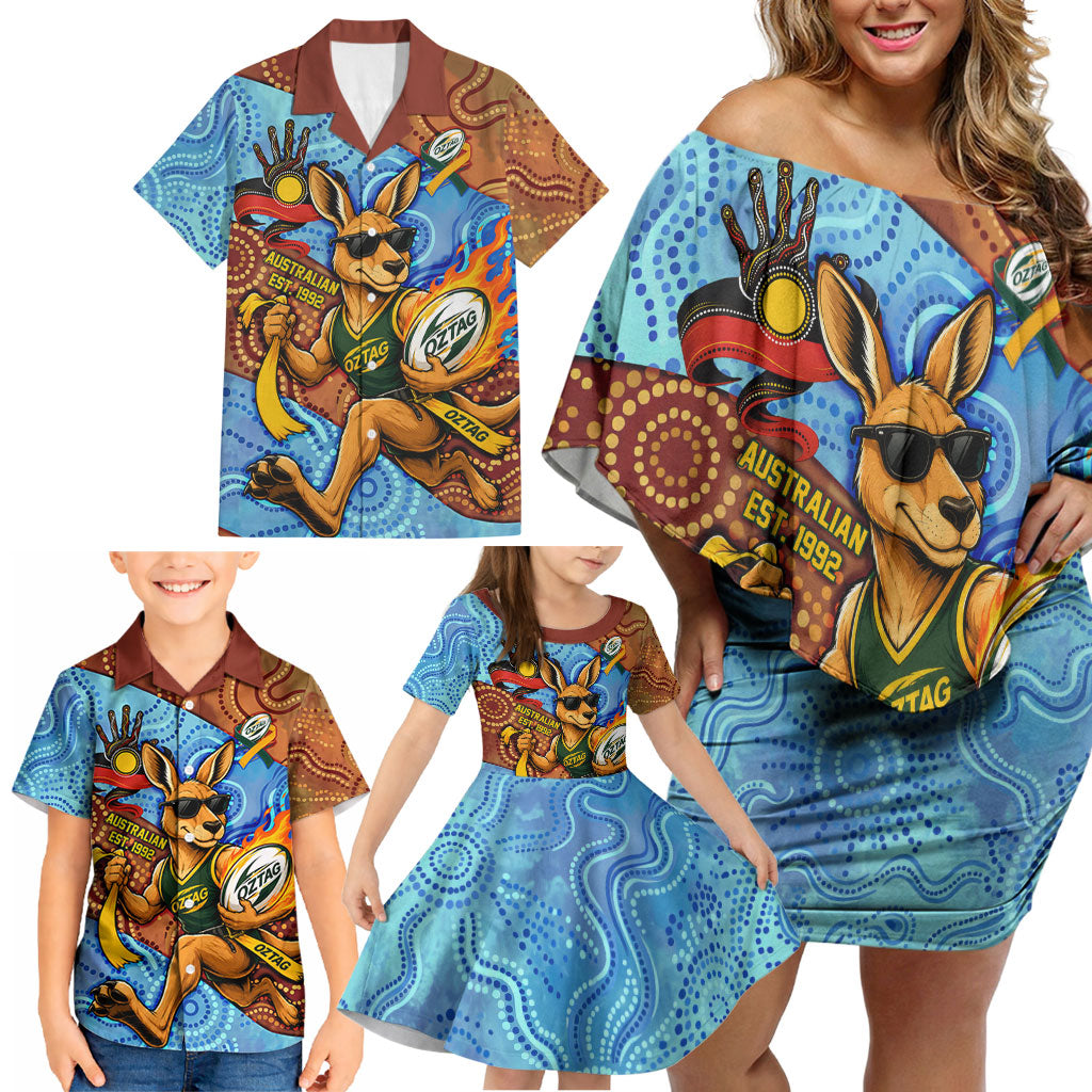 Personalised Australian Oztag Kangaroo Mascot Family Matching Off Shoulder Short Dress and Hawaiian Shirt Indigenous Dot Art Style Aboriginal Culture