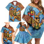 Personalised Australian Oztag Kangaroo Mascot Family Matching Off Shoulder Short Dress and Hawaiian Shirt Indigenous Dot Art Style Aboriginal Culture
