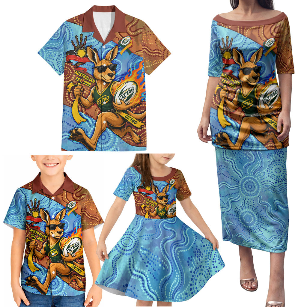 Personalised Australian Oztag Kangaroo Mascot Family Matching Puletasi and Hawaiian Shirt Indigenous Dot Art Style Aboriginal Culture