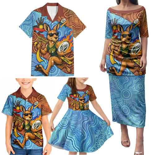 Personalised Australian Oztag Kangaroo Mascot Family Matching Puletasi and Hawaiian Shirt Indigenous Dot Art Style Aboriginal Culture