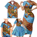 Personalised Australian Oztag Kangaroo Mascot Family Matching Short Sleeve Bodycon Dress and Hawaiian Shirt Indigenous Dot Art Style Aboriginal Culture