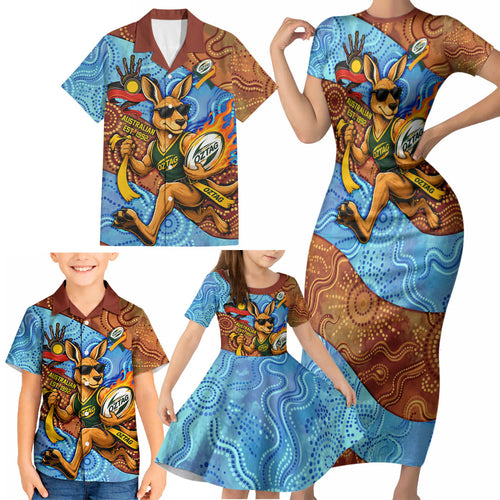 Personalised Australian Oztag Kangaroo Mascot Family Matching Short Sleeve Bodycon Dress and Hawaiian Shirt Indigenous Dot Art Style Aboriginal Culture