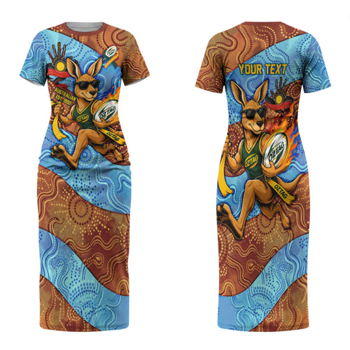 Personalised Australian Oztag Kangaroo Mascot Family Matching Short Sleeve Bodycon Dress and Hawaiian Shirt Indigenous Dot Art Style Aboriginal Culture
