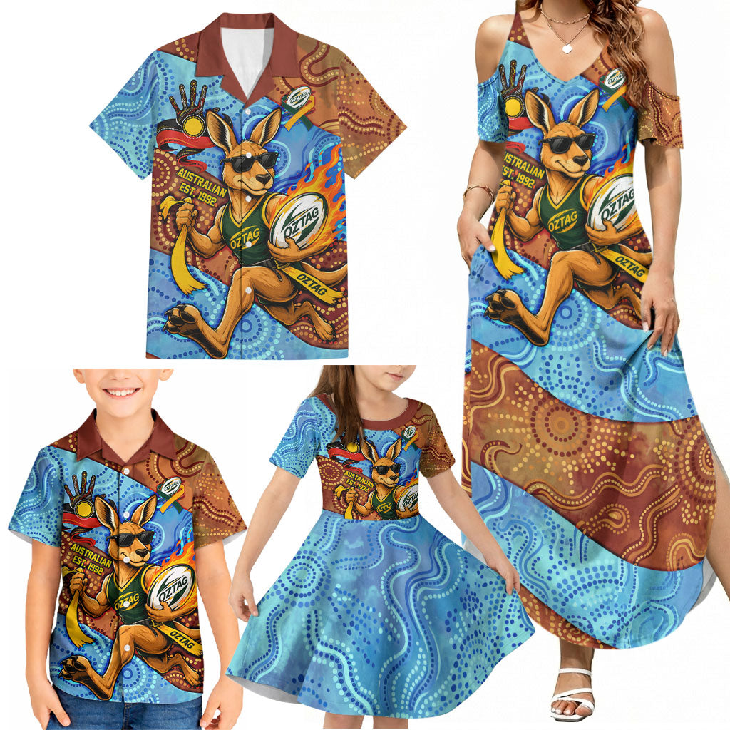 Personalised Australian Oztag Kangaroo Mascot Family Matching Summer Maxi Dress and Hawaiian Shirt Indigenous Dot Art Style Aboriginal Culture