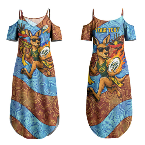 Personalised Australian Oztag Kangaroo Mascot Family Matching Summer Maxi Dress and Hawaiian Shirt Indigenous Dot Art Style Aboriginal Culture