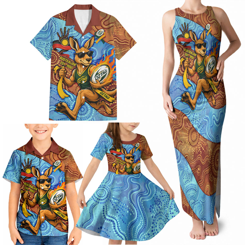 Personalised Australian Oztag Kangaroo Mascot Family Matching Tank Maxi Dress and Hawaiian Shirt Indigenous Dot Art Style Aboriginal Culture