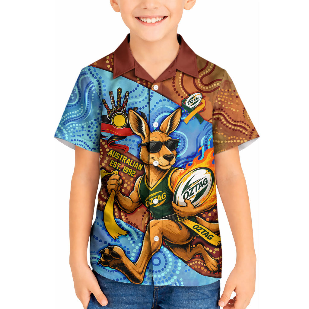 Personalised Australian Oztag Kangaroo Mascot Kid Hawaiian Shirt Indigenous Dot Art Style Aboriginal Culture