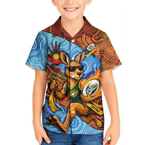Personalised Australian Oztag Kangaroo Mascot Kid Hawaiian Shirt Indigenous Dot Art Style Aboriginal Culture