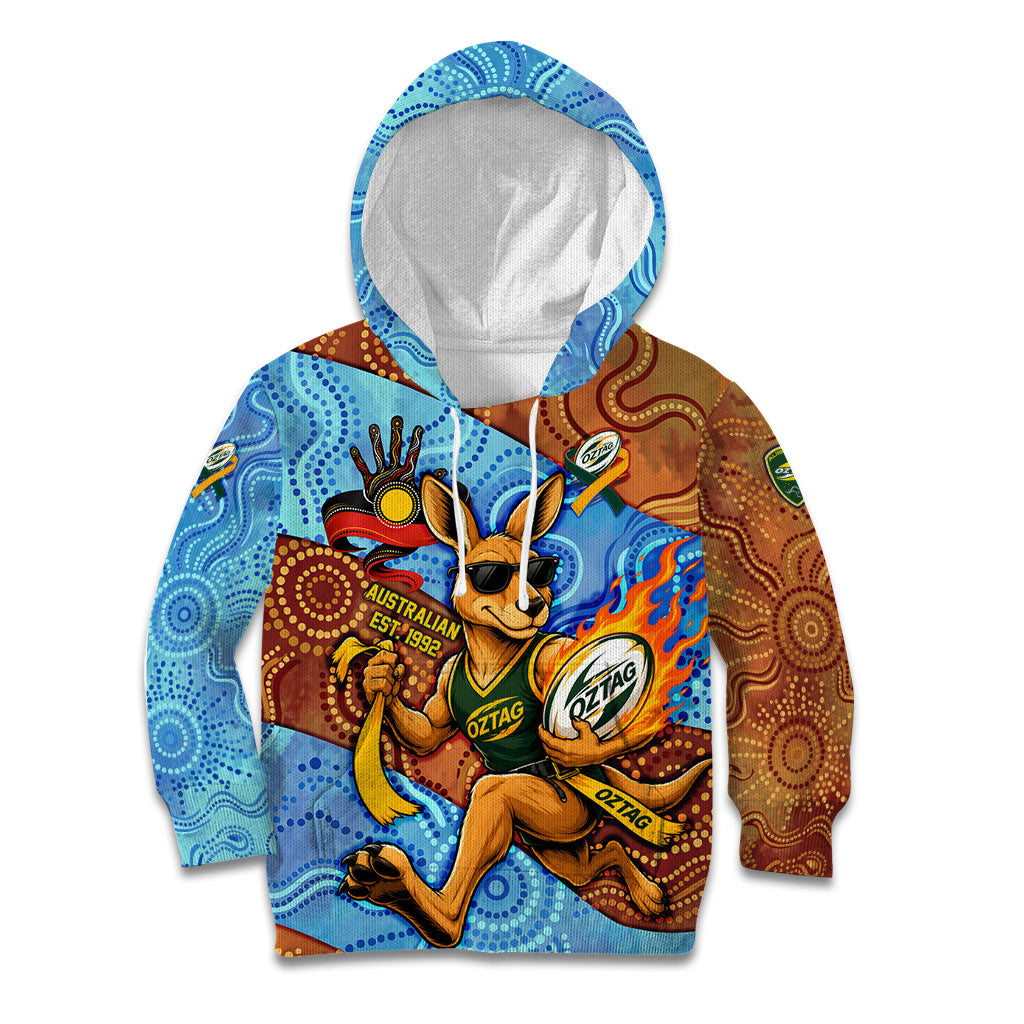 Personalised Australian Oztag Kangaroo Mascot Kid Hoodie Indigenous Dot Art Style Aboriginal Culture