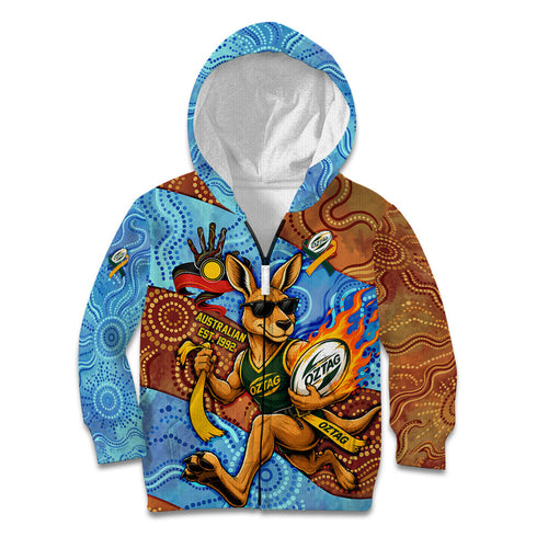 Personalised Australian Oztag Kangaroo Mascot Kid Hoodie Indigenous Dot Art Style Aboriginal Culture