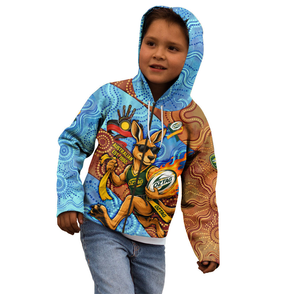 Personalised Australian Oztag Kangaroo Mascot Kid Hoodie Indigenous Dot Art Style Aboriginal Culture