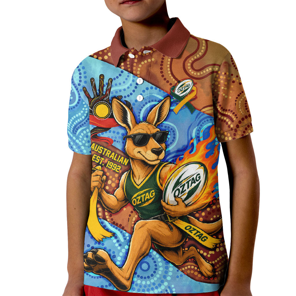 Personalised Australian Oztag Kangaroo Mascot Kid Polo Shirt Indigenous Dot Art Style Aboriginal Culture