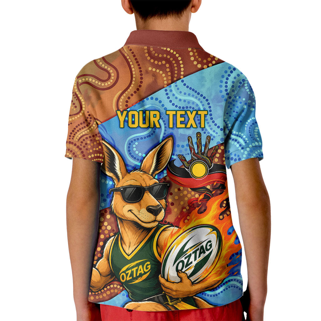 Personalised Australian Oztag Kangaroo Mascot Kid Polo Shirt Indigenous Dot Art Style Aboriginal Culture