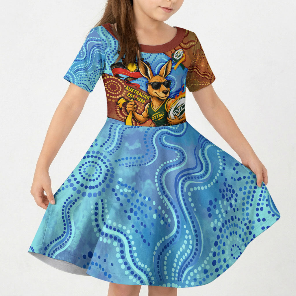 Personalised Australian Oztag Kangaroo Mascot Kid Short Sleeve Dress Indigenous Dot Art Style Aboriginal Culture