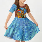 Personalised Australian Oztag Kangaroo Mascot Kid Short Sleeve Dress Indigenous Dot Art Style Aboriginal Culture