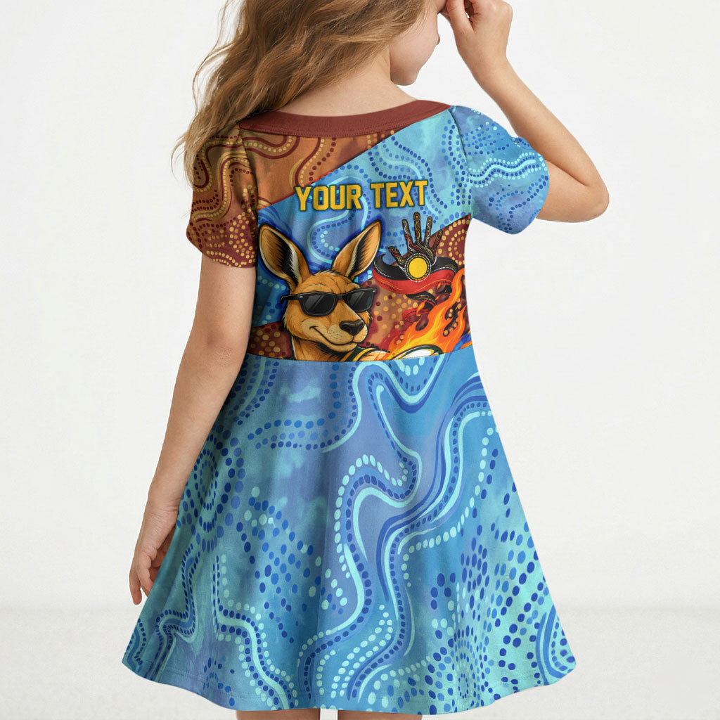 Personalised Australian Oztag Kangaroo Mascot Kid Short Sleeve Dress Indigenous Dot Art Style Aboriginal Culture
