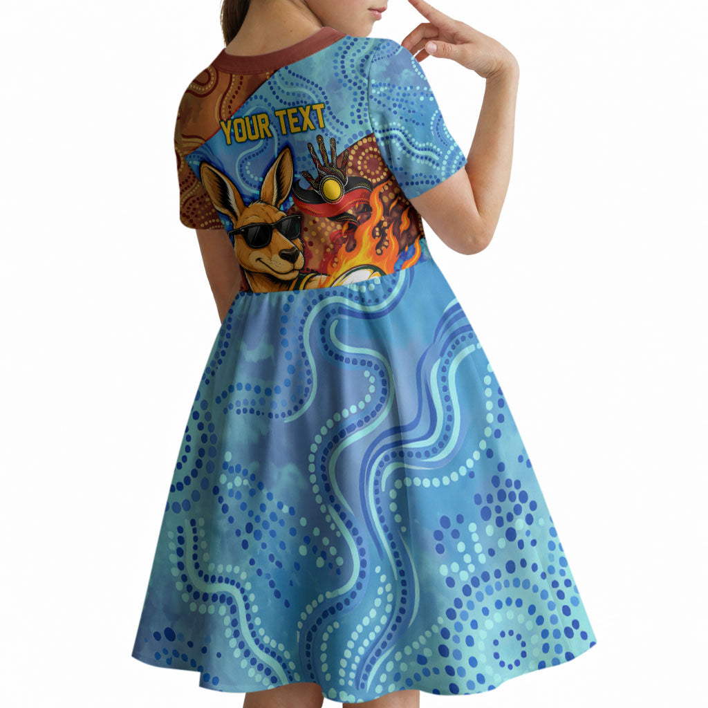 Personalised Australian Oztag Kangaroo Mascot Kid Short Sleeve Dress Indigenous Dot Art Style Aboriginal Culture
