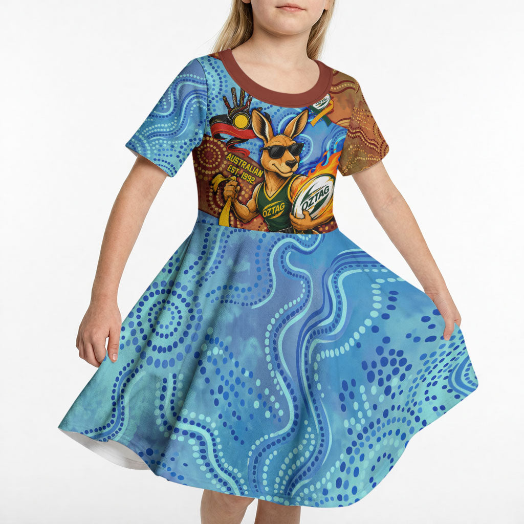 Personalised Australian Oztag Kangaroo Mascot Kid Short Sleeve Dress Indigenous Dot Art Style Aboriginal Culture