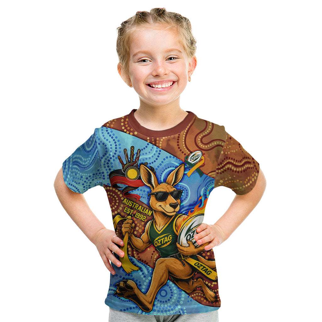 Personalised Australian Oztag Kangaroo Mascot Kid T Shirt Indigenous Dot Art Style Aboriginal Culture