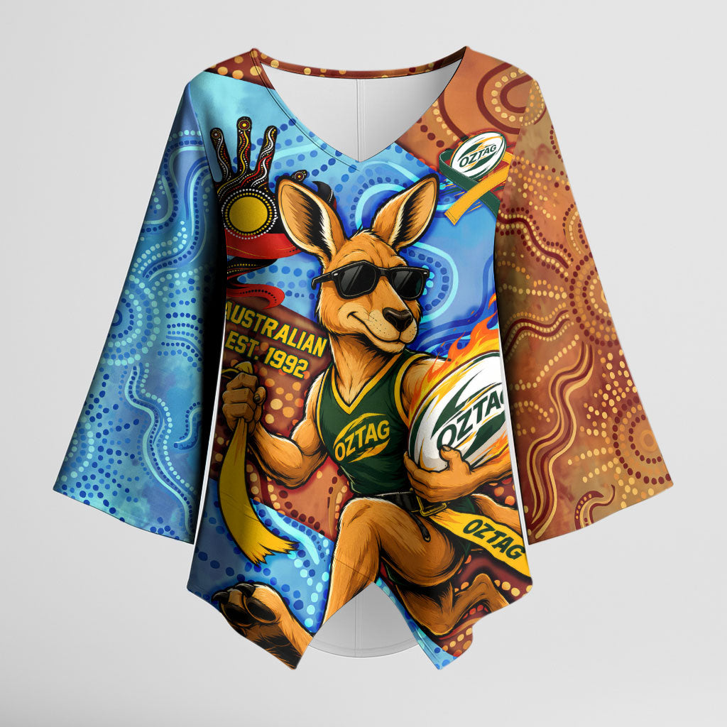 Personalised Australian Oztag Kangaroo Mascot Kimono Sleeve Blouse Indigenous Dot Art Style Aboriginal Culture