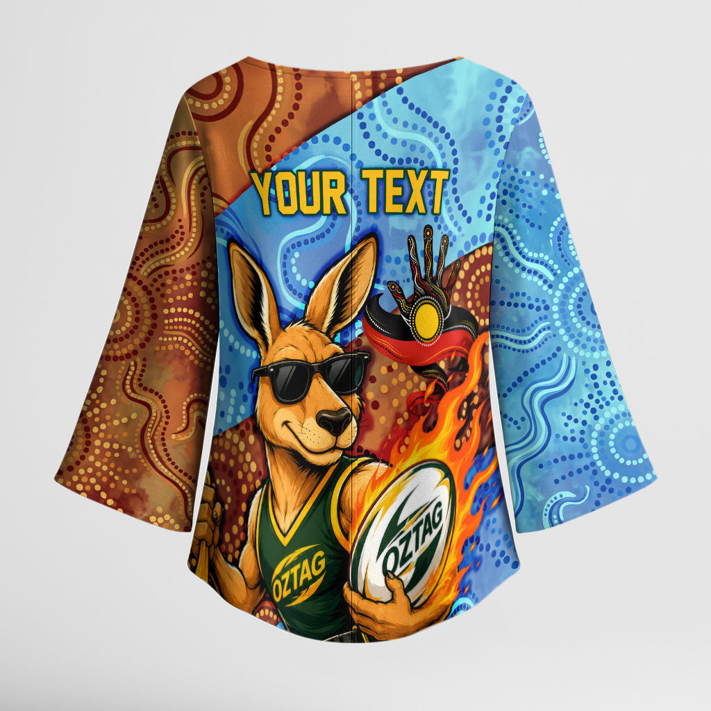 Personalised Australian Oztag Kangaroo Mascot Kimono Sleeve Blouse Indigenous Dot Art Style Aboriginal Culture