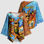 Personalised Australian Oztag Kangaroo Mascot Kimono Sleeve Blouse Indigenous Dot Art Style Aboriginal Culture