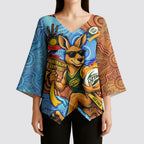 Personalised Australian Oztag Kangaroo Mascot Kimono Sleeve Blouse Indigenous Dot Art Style Aboriginal Culture
