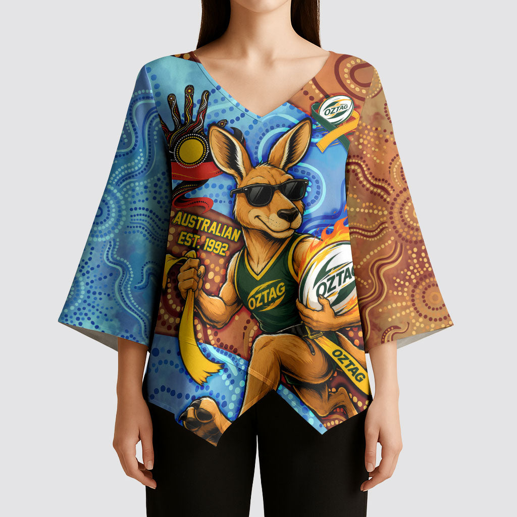 Personalised Australian Oztag Kangaroo Mascot Kimono Sleeve Blouse Indigenous Dot Art Style Aboriginal Culture