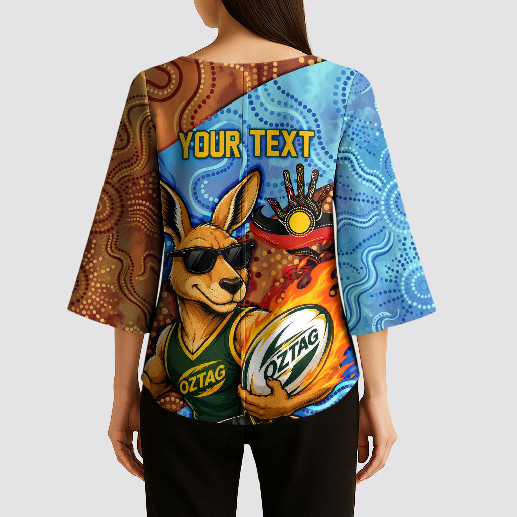 Personalised Australian Oztag Kangaroo Mascot Kimono Sleeve Blouse Indigenous Dot Art Style Aboriginal Culture