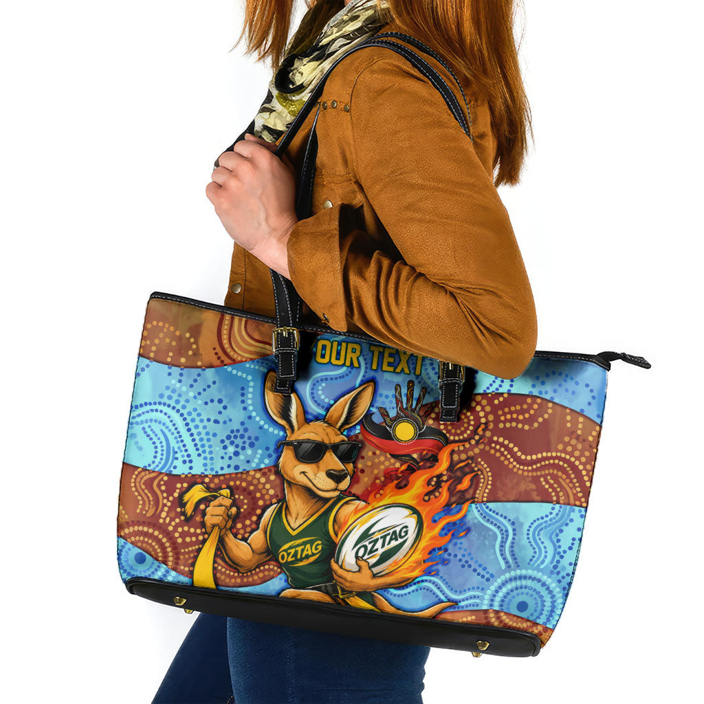 Personalised Australian Oztag Kangaroo Mascot Leather Tote Bag Indigenous Dot Art Style Aboriginal Culture